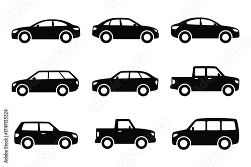 Set of 9 black silhouette car icons vector graphics scalable eps illustration silhouette