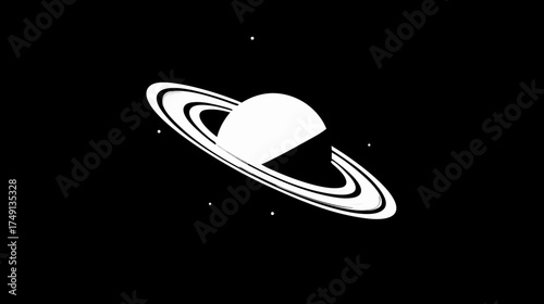 Stylized Black and White Ringed Planet with Stars. Minimalist Space Illustration for Cosmic Themes and Graphic Design.