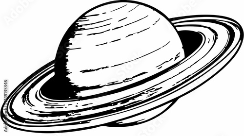Stylized black and white illustration of a ringed planet, depicting a celestial body with distinct orbital rings in space, astronomy vector art.