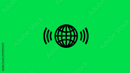 Globe with wireless signal waves icon on green background, representing global communication, internet, network, and technology concept.
