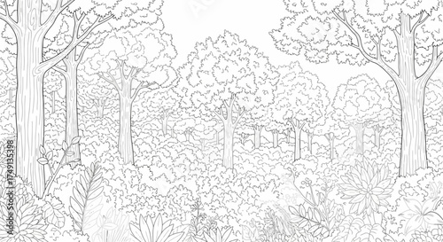 Monochrome outline drawing of a lush forest with various trees and dense foliage, white background