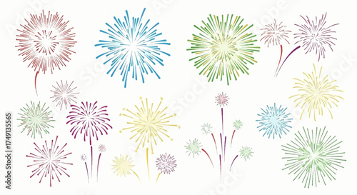 Set of colorful fireworks illustrations for summer and event materials, vector design, white background