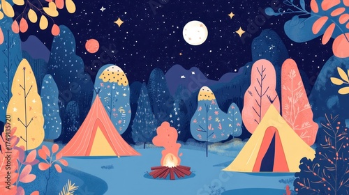 Night camping scene with two tents, bonfire, and starry sky.