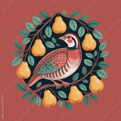 Vintage style partridge in a pear tree Christmas illustration.