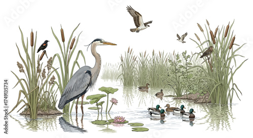 Ecological Illustration of Wetlands with Birds, Plants, and a Heron, white background