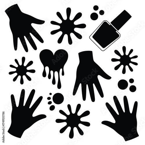 Vector silhouette illustration of hands nail polish splatters and dripping heart shapes for design projects silhouette