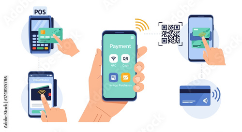Illustration showing various methods of cashless payments using smartphones and credit cards, white background