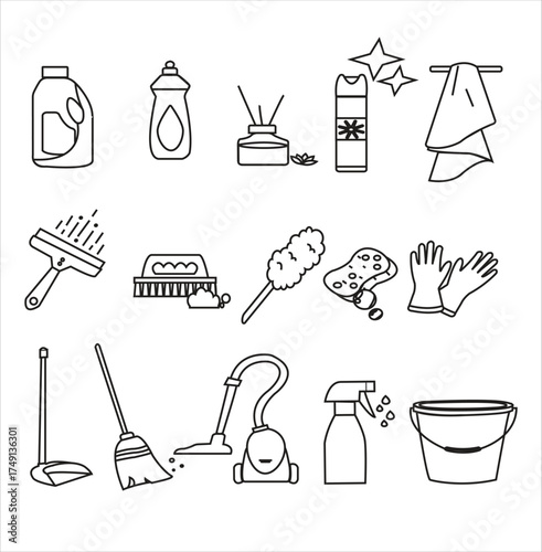 Home Cleaning Outline Icons Set — Black and White Line Style Household Tools Vector