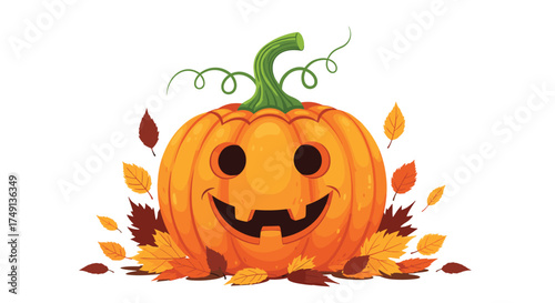 A cheerful jack o lantern surrounded by colorful autumn leaves.