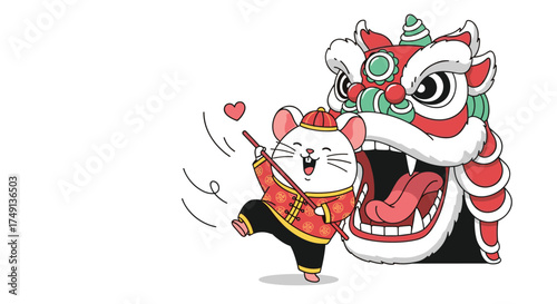 A cheerful mouse dressed in traditional clothing dances with a vibrant lion dance head.