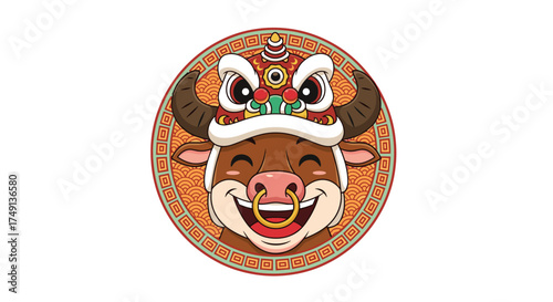 A cartoon ox wearing a traditional Chinese lion dance costume celebrates the upcoming new year.
