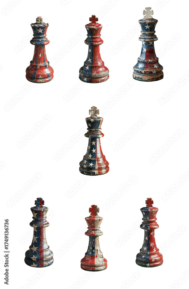 Naklejka premium Several chess king pieces decorated with the american flag pattern isolated on transparent background