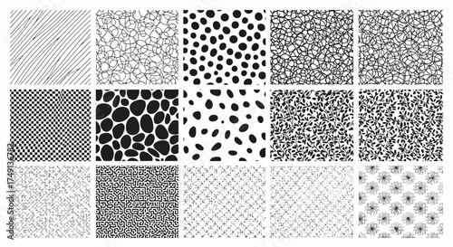 Collection of nine black and white vector seamless texture patterns for backgrounds, white background