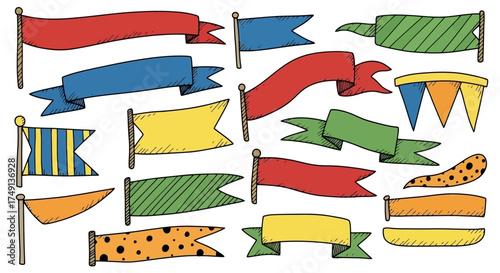 Collection of hand drawn style flags and banners in various colors, white background