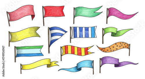 Collection of hand drawn style flags and banners in various colors, white background