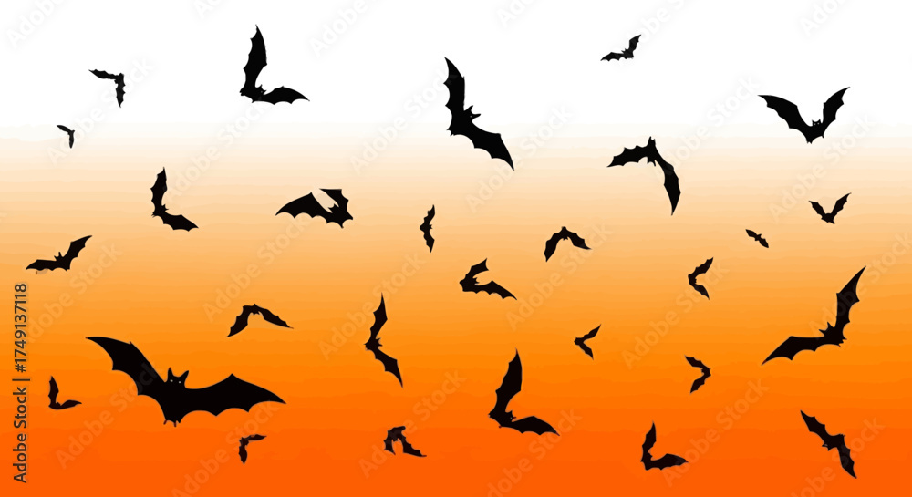Naklejka premium Halloween background illustration with flying black bats and orange gradient, white background