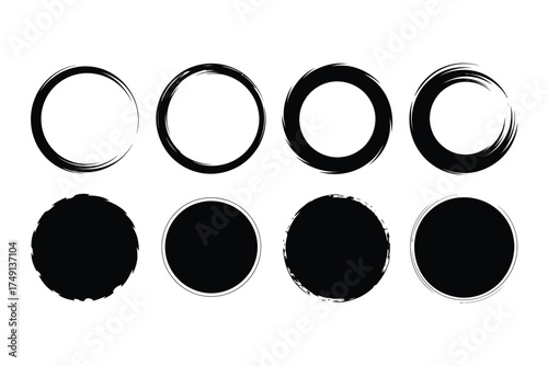Eight vector brush stroke circles set abstract grunge artistic design elements scalable eps silhouette