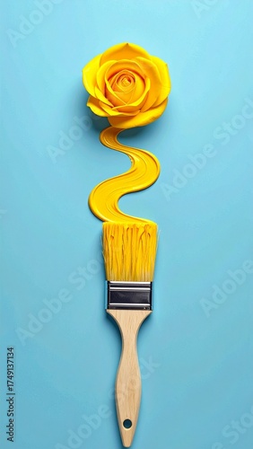 Artistic Flow: Yellow Rose, Wavy Paint, and Paintbrush on a Serene Blue Background