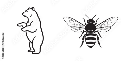 Outline of a Bear Standing Next to a Black and White Bee