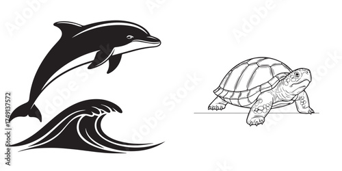 Silhouette Dolphin and Outline Turtle on White