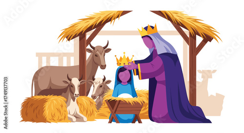 Nativity Scene With Mary Jesus and Wise Men Celebrating Birth of Christ