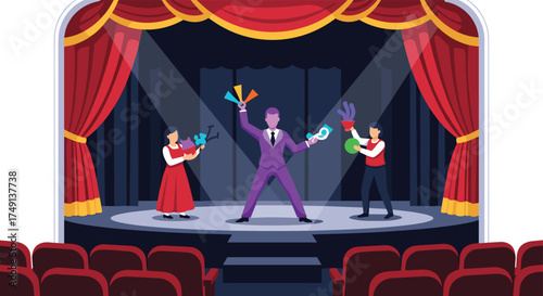 Magicians Perform Amazing Tricks on a Grand Stage With Red Curtains and Audience Seats