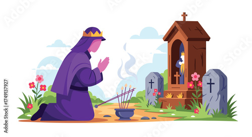 Person Kneeling in Prayer Before an Altar with Incense Burning Outdoors