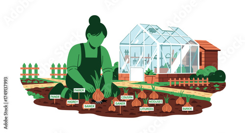 A Gardener Tending To A Vegetable Patch In Front Of A Greenhouse