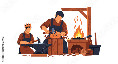 Two Blacksmiths Forging Metal Crafts at the Anvil and Forge