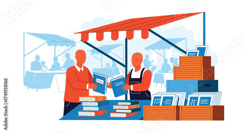Outdoor Bookstore Stall People Selling And Buying Books At A Market Event