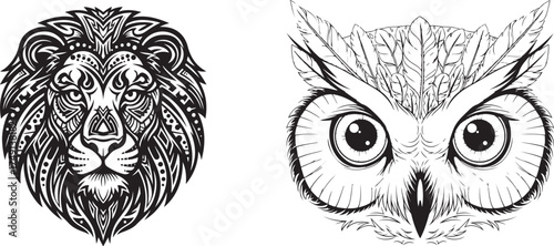 Tribal Style Lion and Owl Faces Illustration on White Background