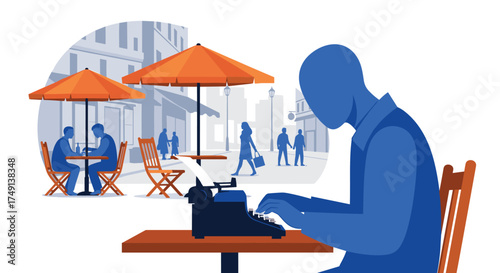 Writer Working Outdoors On A Typewriter At A Cafe Table