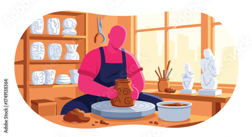 Potter shaping clay on a spinning wheel in a sunlit studio surrounded by sculptures