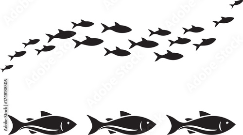 School of Fish Silhouettes Swimming in Formation