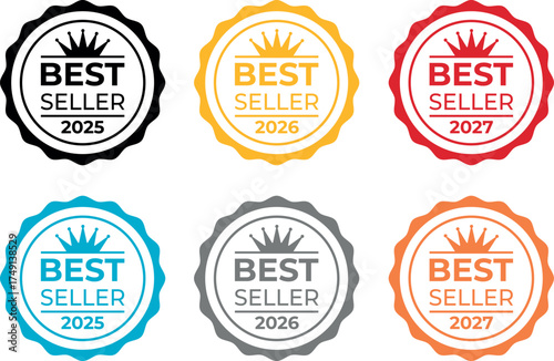 Six colour set of best seller badge. Set of retro badges.