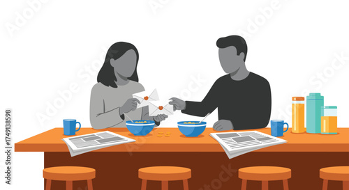 A Couple Enjoys a Morning Meal Together Reading News at the Kitchen Counter