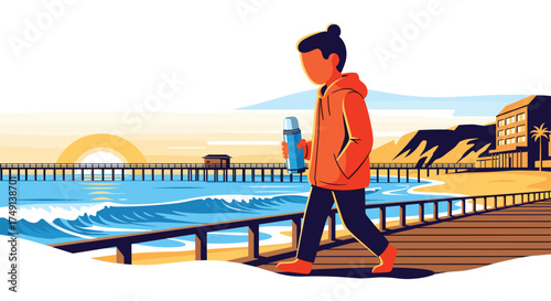Young Person Enjoying a Refreshing Walk Along the Oceanfront Boardwalk