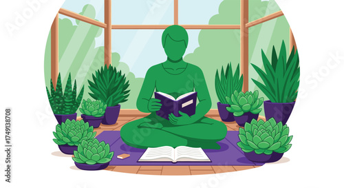Green figure meditating surrounded by houseplants in a sunlit room