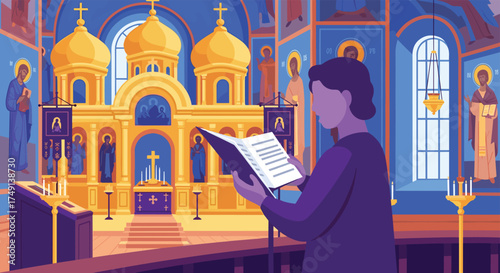 A person stands in a richly decorated church reading from a book