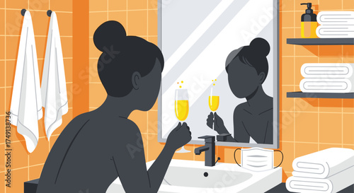 Woman enjoys a celebratory drink in a brightly lit bathroom after a long day