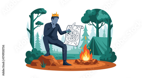 Illustrative depiction of a king in a forest setting contemplating a document near a campfire and tent