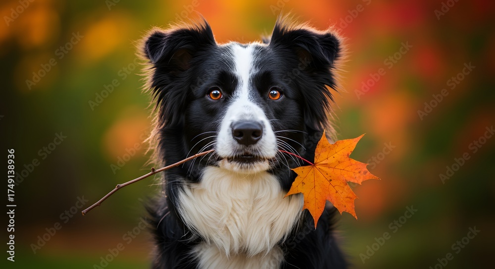 Fototapeta premium Border Collie Dog Holding Red Maple Leaf in Mouth with Autumn Foliage in Background Featuring Yellow, Orange, and Brown Leaves
