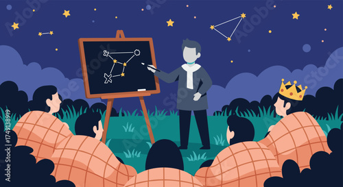 Astronomer teaching constellations to a group of students under a starry night sky