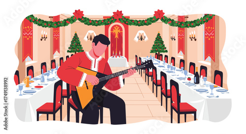 Musician Serenades Guests at Festive Holiday Celebration Dinner with Traditional Instrument