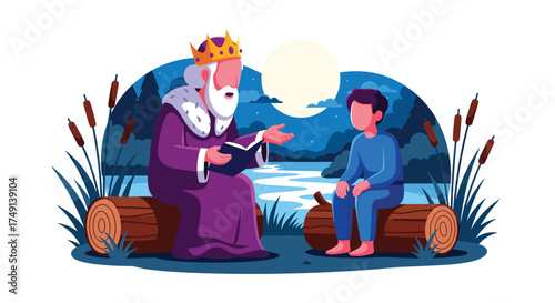 Wise king shares ancient wisdom with young boy by moonlit lake