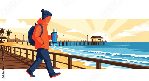 A person walking along a beach boardwalk at sunrise with a backpack and thermos