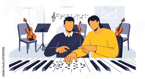 Music Lesson With Teacher Demonstrating Piano Keys To Student