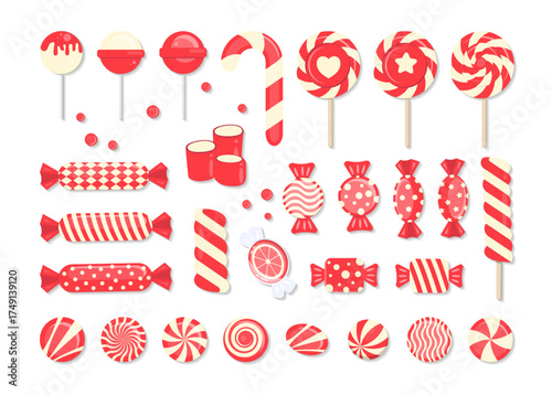 New Year Candies Vector Set. Collection of Christmas Sweets, Candies, Lollipops, Gumballs, Sugar Caramel, and Twisted Marshmallows. 