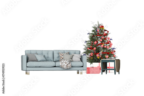 christmas tree with gifts and sofa relax