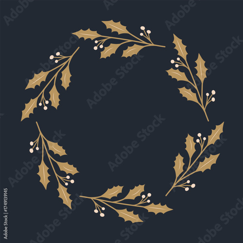 Gold Colored Wreath. Round Border Frame for Christmas and New Year.